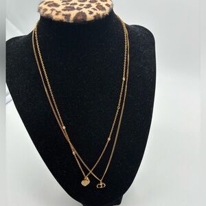 Christian Dior Gold Double-Layered Necklace with Heart and Logo Charms